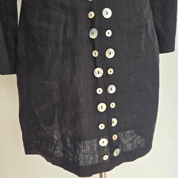 Staud Chiara Dress Linen Black Mother Of Pearl Buttonw Long Sleeve Women 6 - Picture 6 of 13